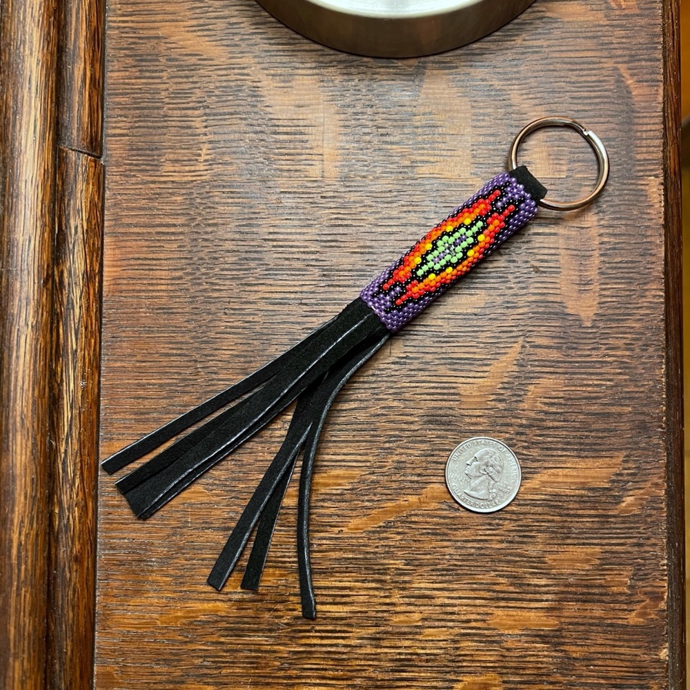 New Native American art beaded keychain with black leather tassle, 6.5”